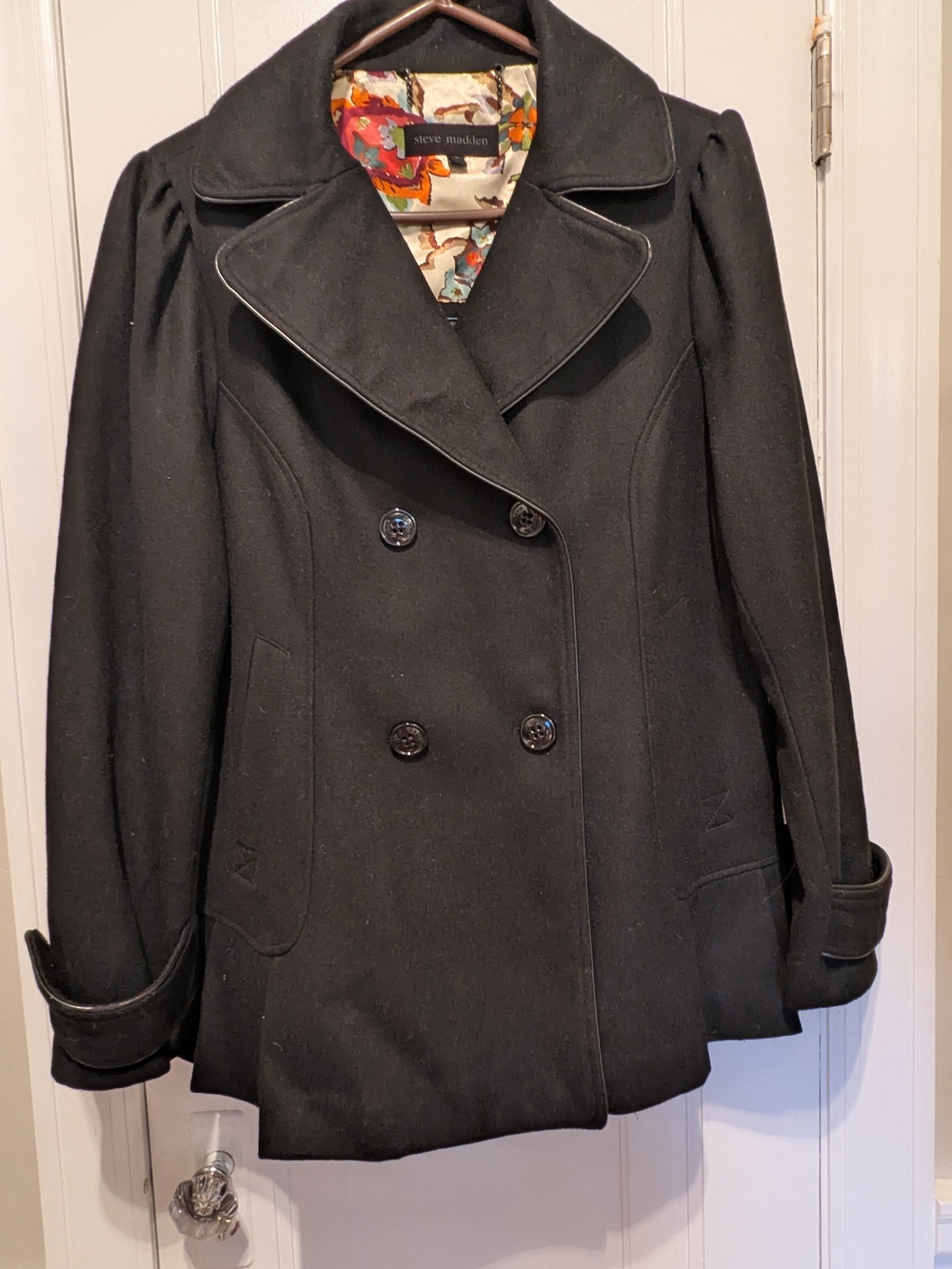Steve Madden Women's Black Double-Breasted Wool Peacoat